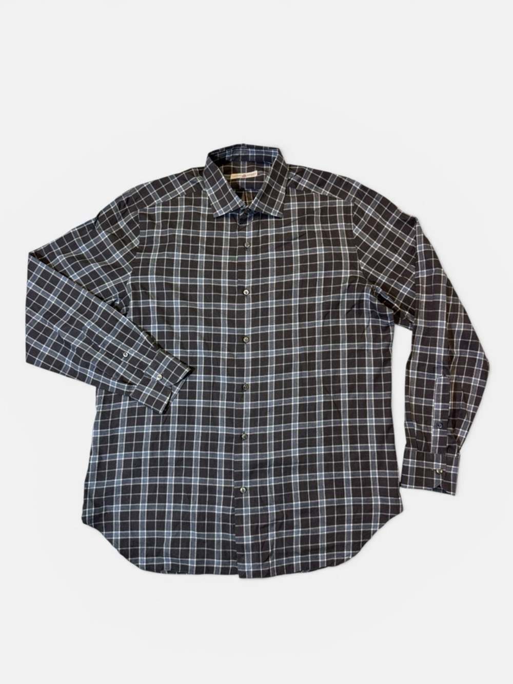 SOLD Luciano Barbera mens L Large gray blue plaid cotton button up